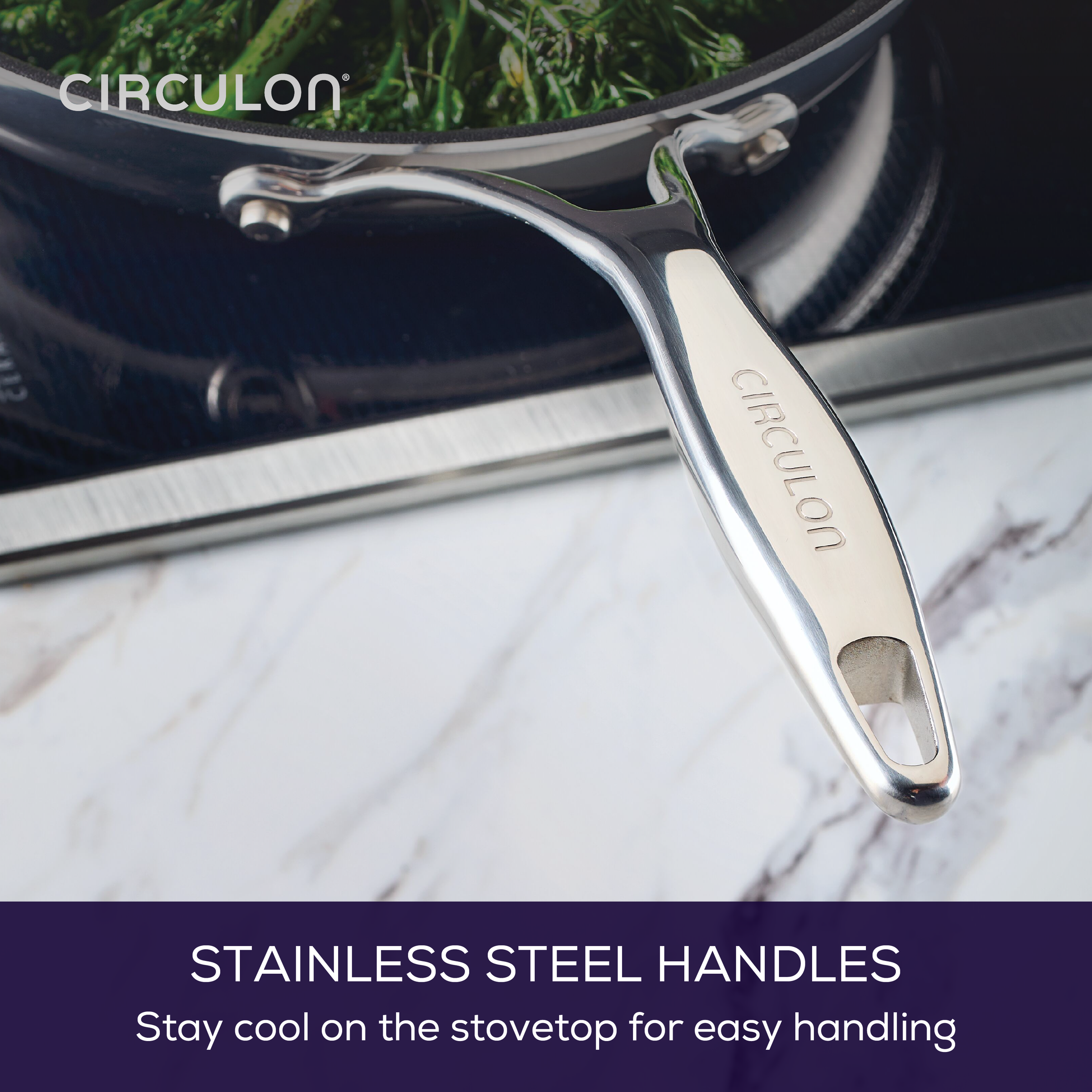 Pan with stainless steel handle on stovetop, sautéed greens inside.