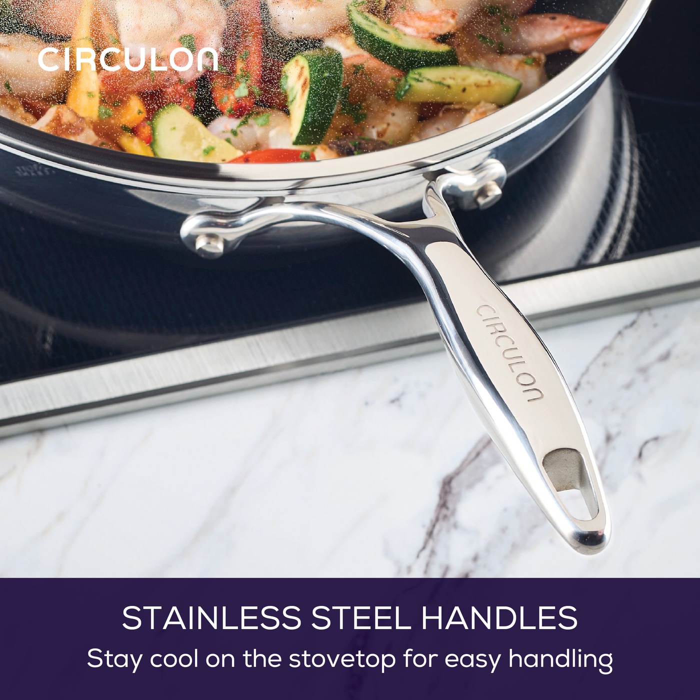 Frying pan with stainless steel handle on a stovetop, cooking vegetables.