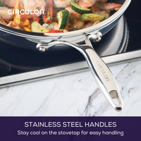 Frying pan with stainless steel handle on a stovetop, cooking vegetables.
