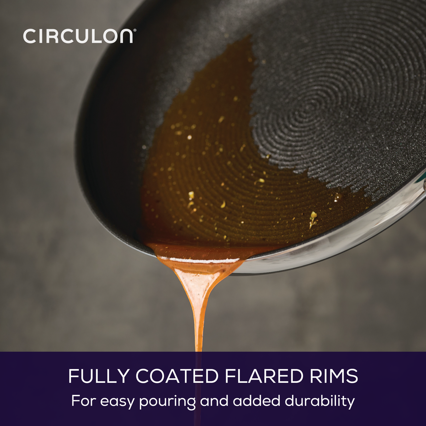 A pan with sauce pouring out, described as having fully coated flared rims.