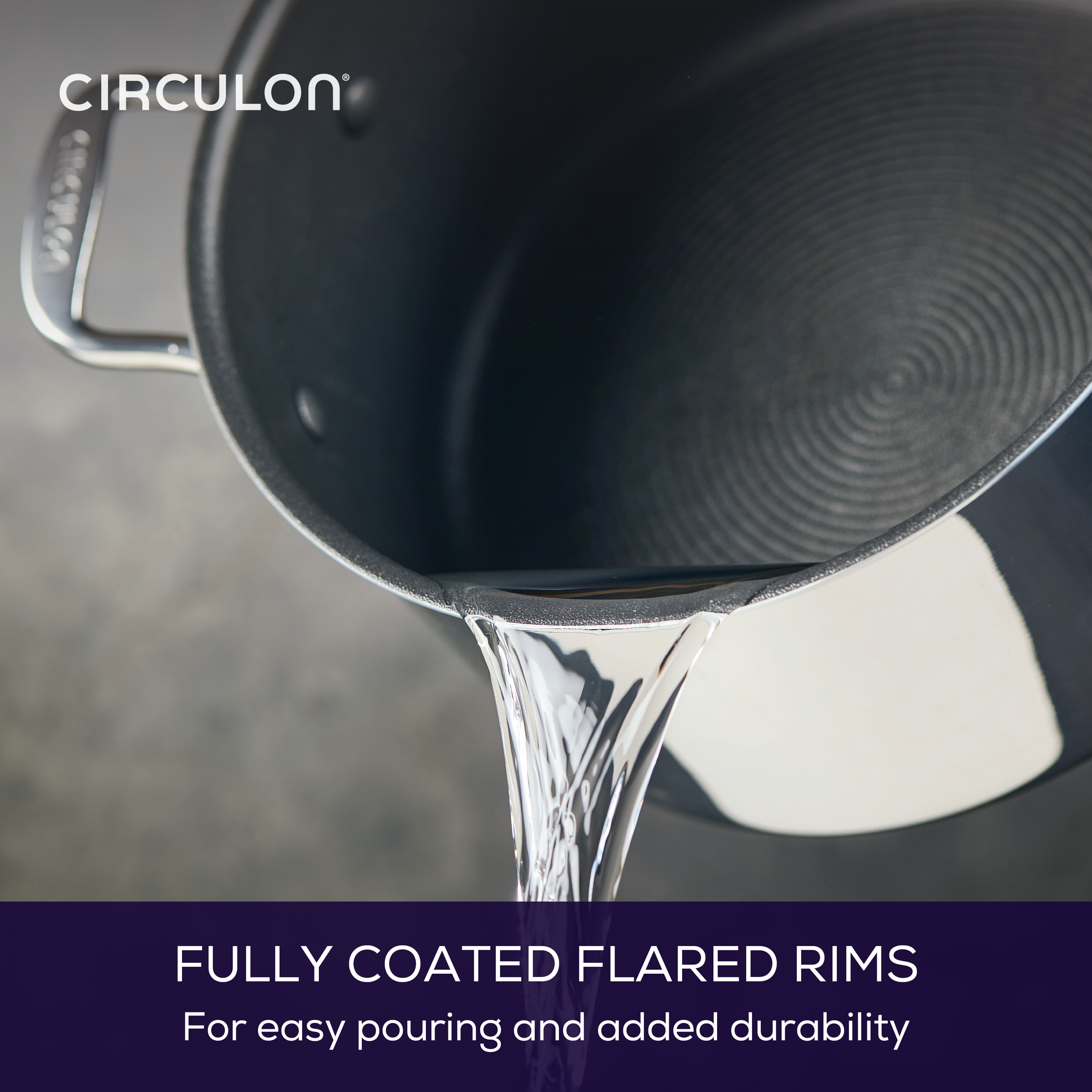 Close-up of liquid being poured from a pot with fully coated flared rims.