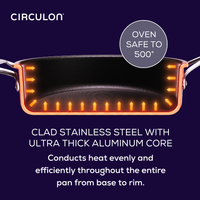 Cross-section of a stainless steel pan with heat distribution illustration.