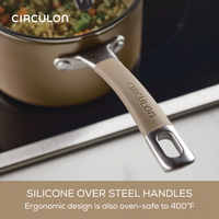 10-Piece Nonstick Set with silicone-over-steel handles, ScratchDefense tech.