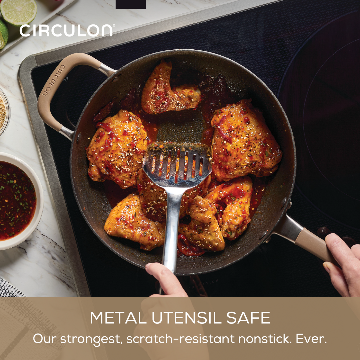 Cooking chicken in a ScratchDefense pan on an electric stove.