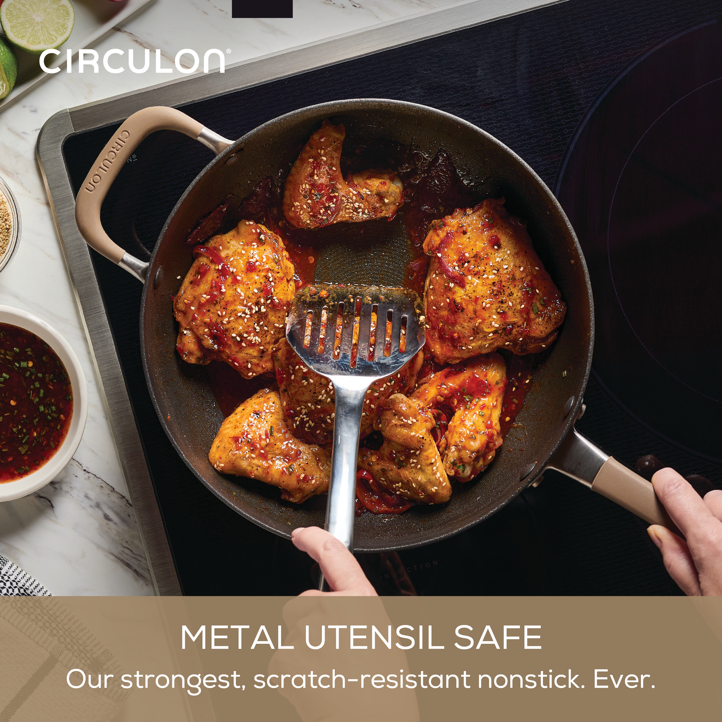 Cooking chicken in a ScratchDefense pan on an electric stove.