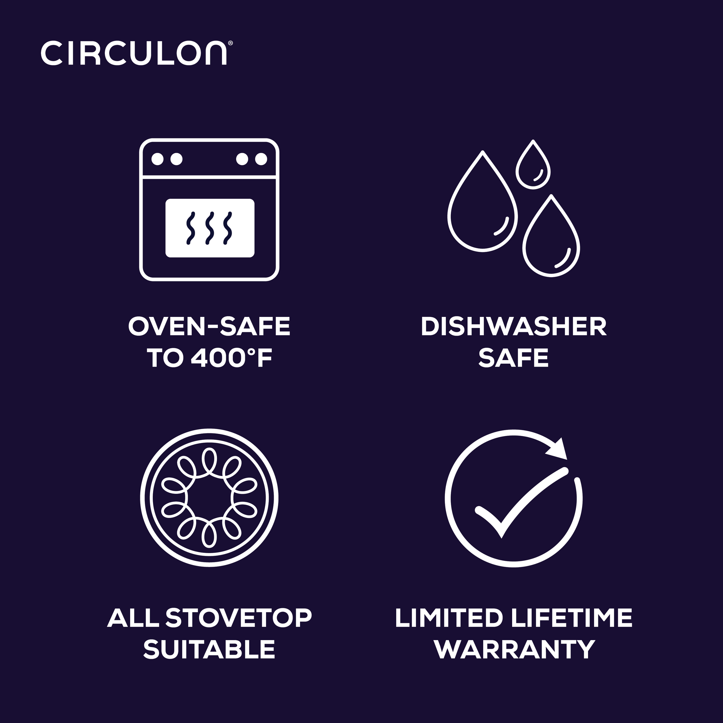 Circulon cookware features and benefits: oven and dishwasher safe, versatile.