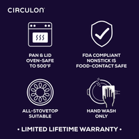 Cookware features: oven-safe, nonstick, all-stovetop, hand wash only.
