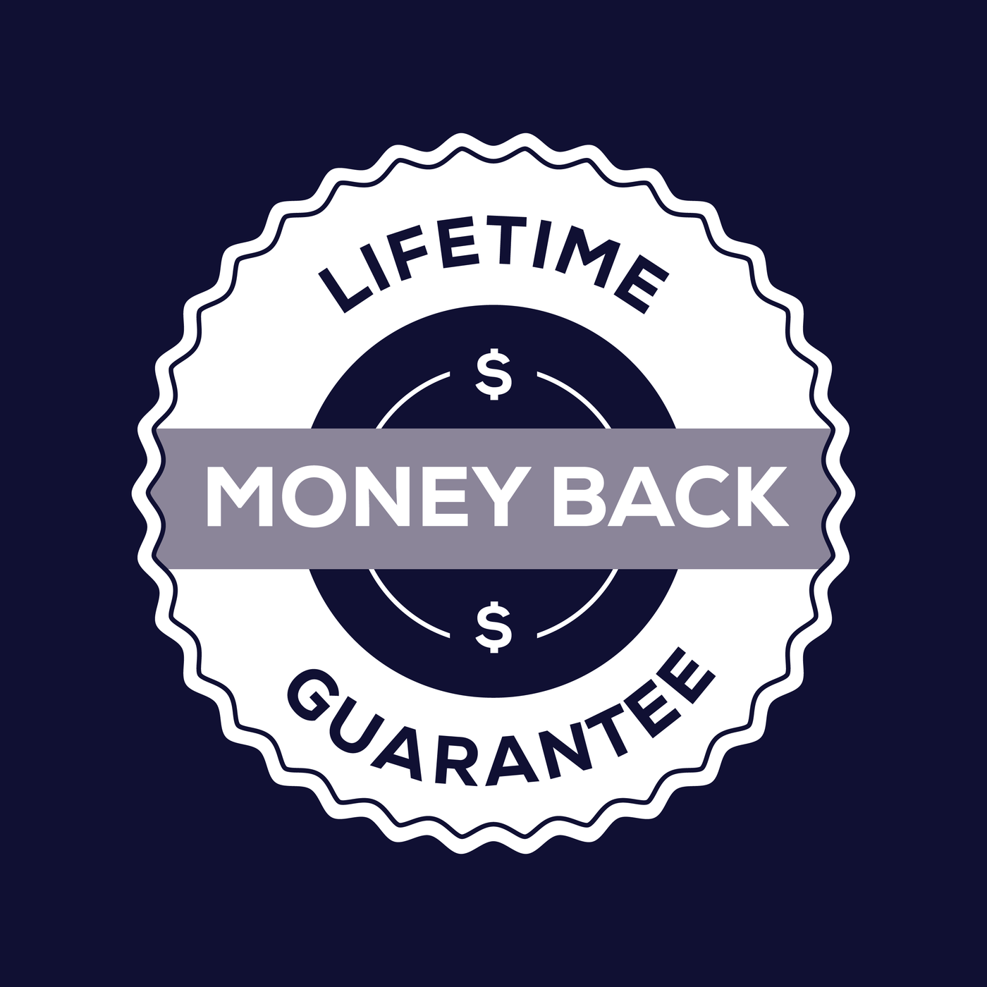 Emblem stating "Lifetime Money Back Guarantee" on a navy background.