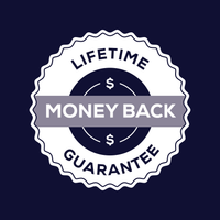 Emblem stating "Lifetime Money Back Guarantee" on a navy background.