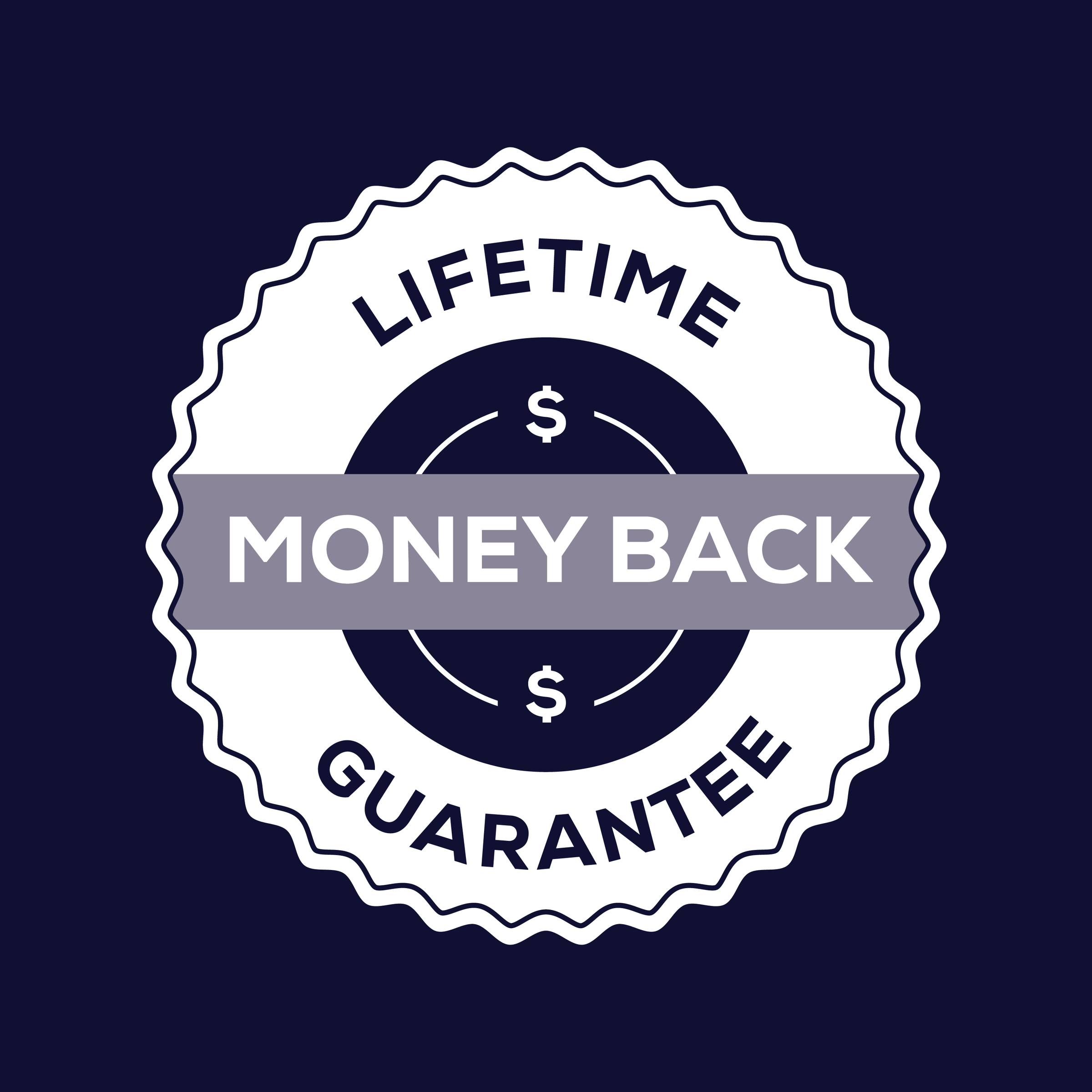 Emblem stating "Lifetime Money Back Guarantee" on a navy background.
