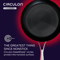 Circular frying pan with steel circles and text about nonstick protection.