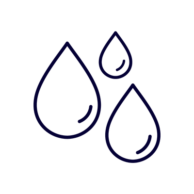 Line drawing of three water droplets on a white background.