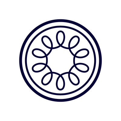 A geometric pattern with loops inside two concentric circles on a white background.