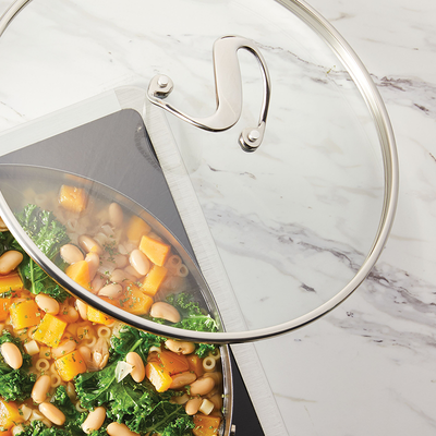 Stylish tempered glass lids allow you to keep an eye on your ingredients while cooking.