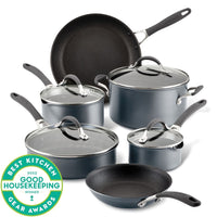 Gray 10-Piece ScratchDefense™ Nonstick Cookware Set with award badge.
