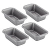 A set of four 9-by-5-inch loaf pans crafted from heavy-gauge steel arranged in a grid, designed with a dependable nonstick system for effortless baking.