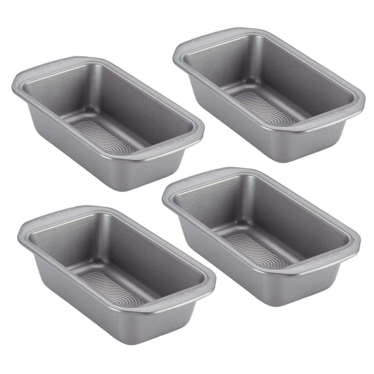 A set of four 9-by-5-inch loaf pans crafted from heavy-gauge steel arranged in a grid, designed with a dependable nonstick system for effortless baking.