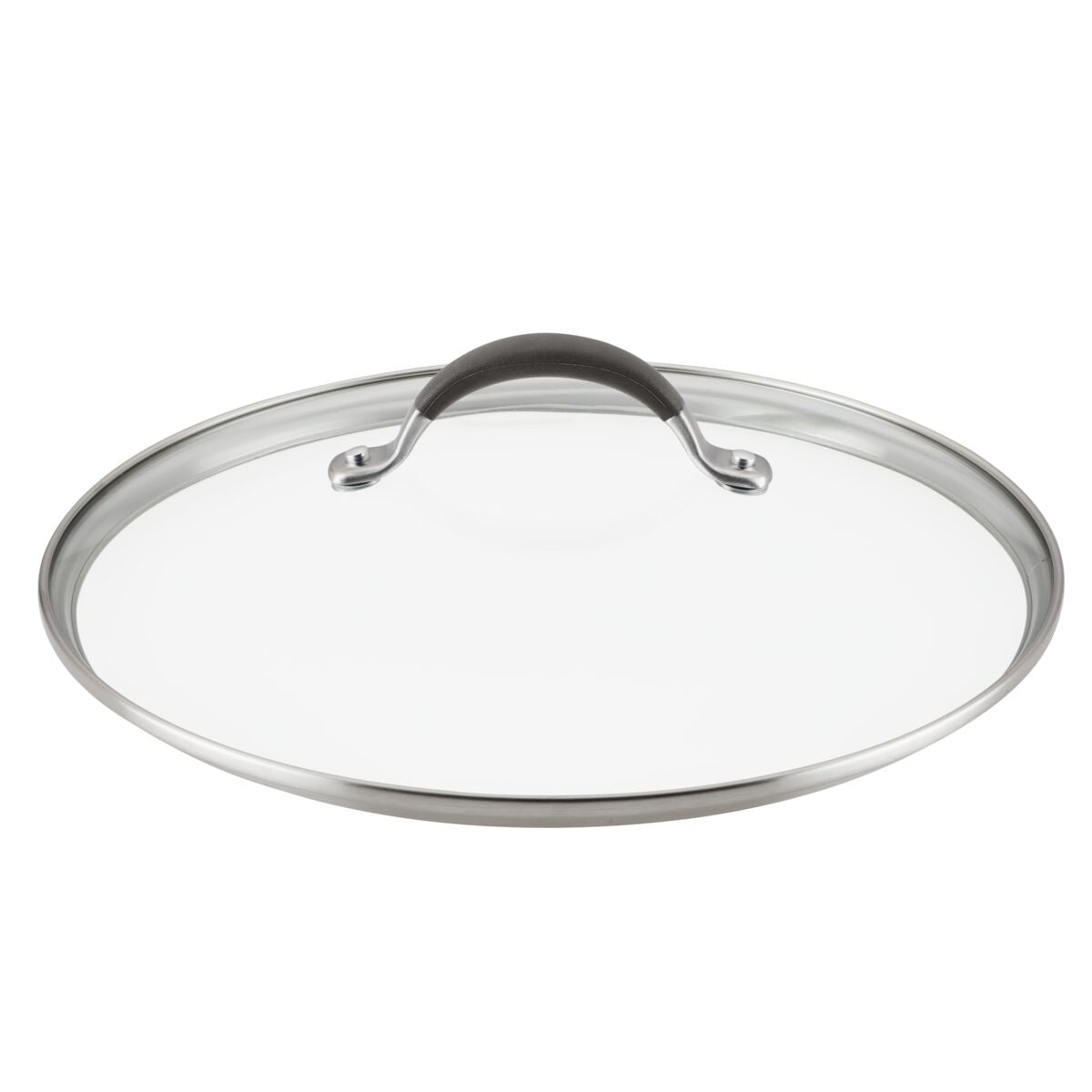 A round tempered glass pot lid with a stainless steel rim and handle.