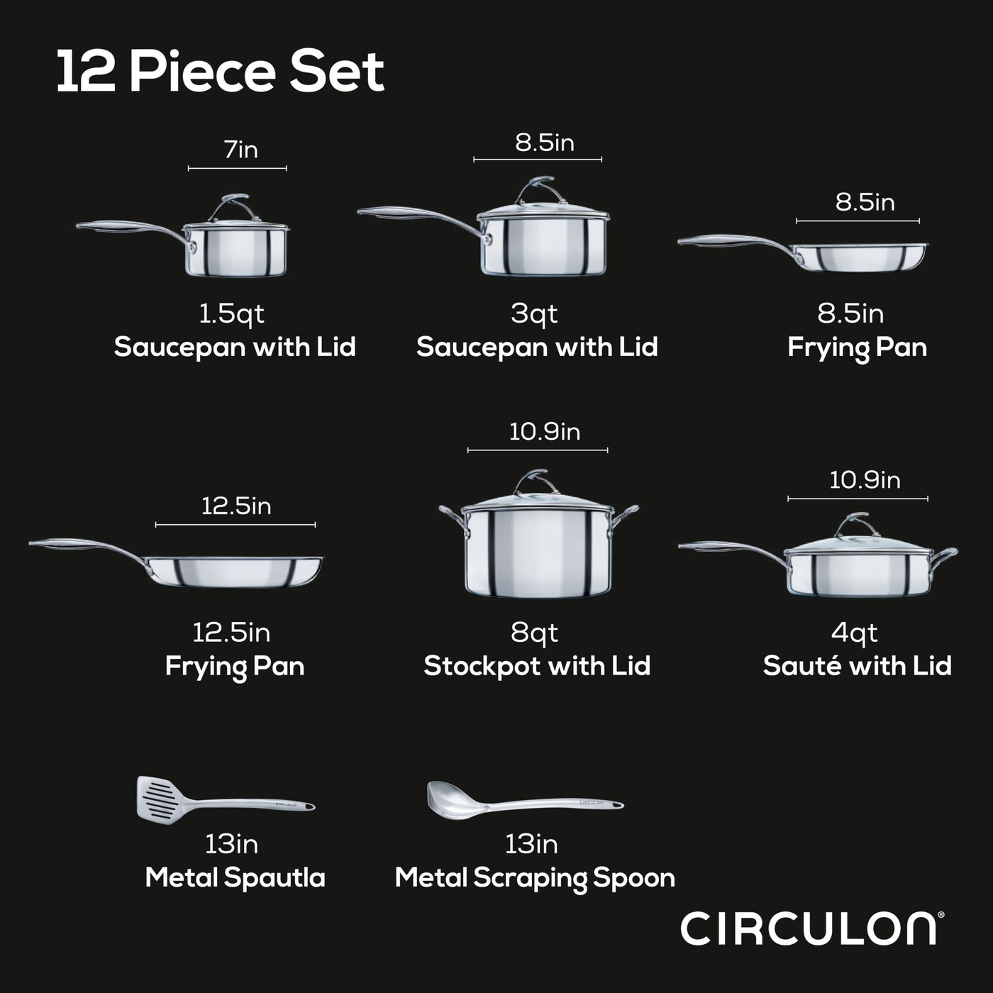 Diagram of a 12-piece cookware set with various pots, pans, and utensils.