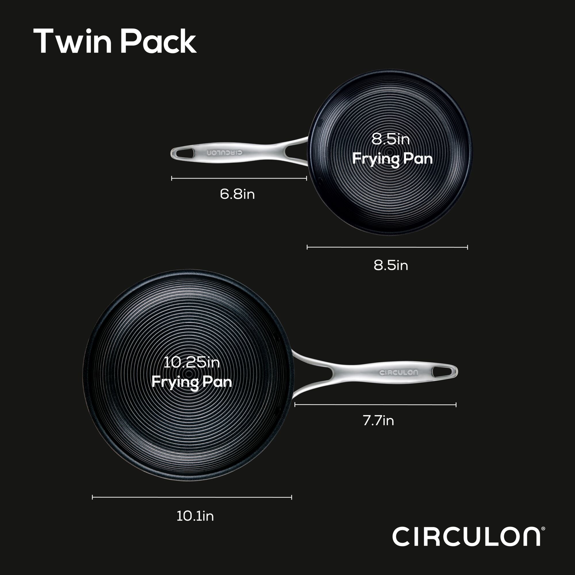 Twin pack with 8.5in and 10.25in frying pans, black with metal handles.