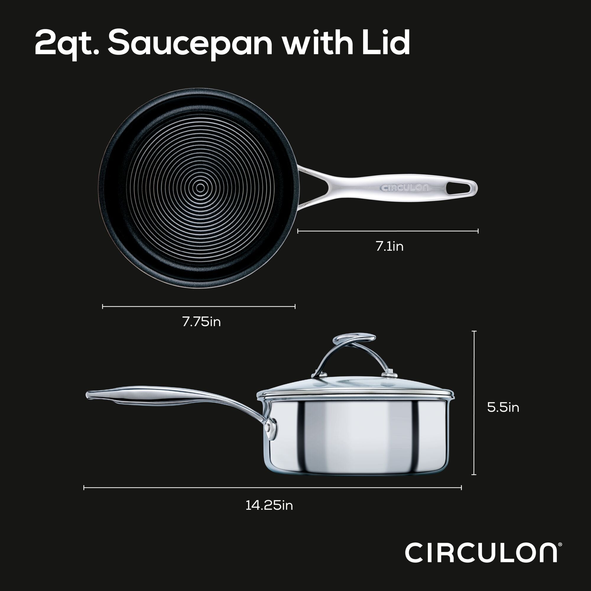 Diagram of a 2-quart saucepan and lid with dimensions labeled.