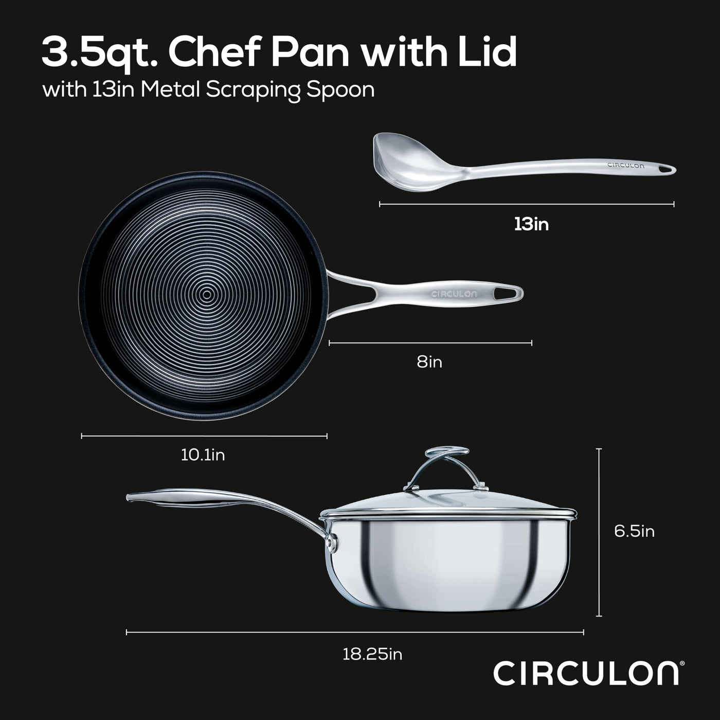 3.5qt. chef pan with lid and 13-inch metal spoon, shown with dimensions.