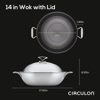 14-inch Circulon wok with lid, shown from top and side with dimensions.
