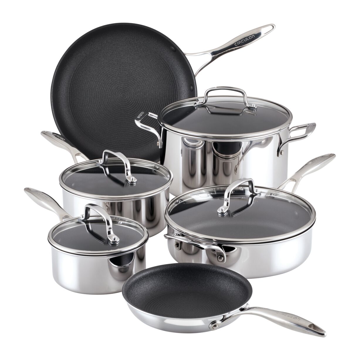 ScratchDefense™ 10-piece clad nonstick cookware set with glass lids.