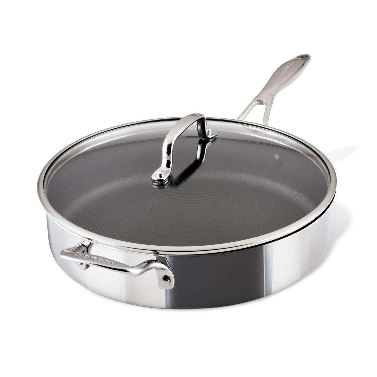 Scratch-proof, stainless steel pan with glass lid and two handles.