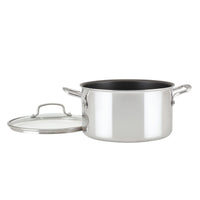 Stainless steel pot with handles and a glass lid, open to the side.