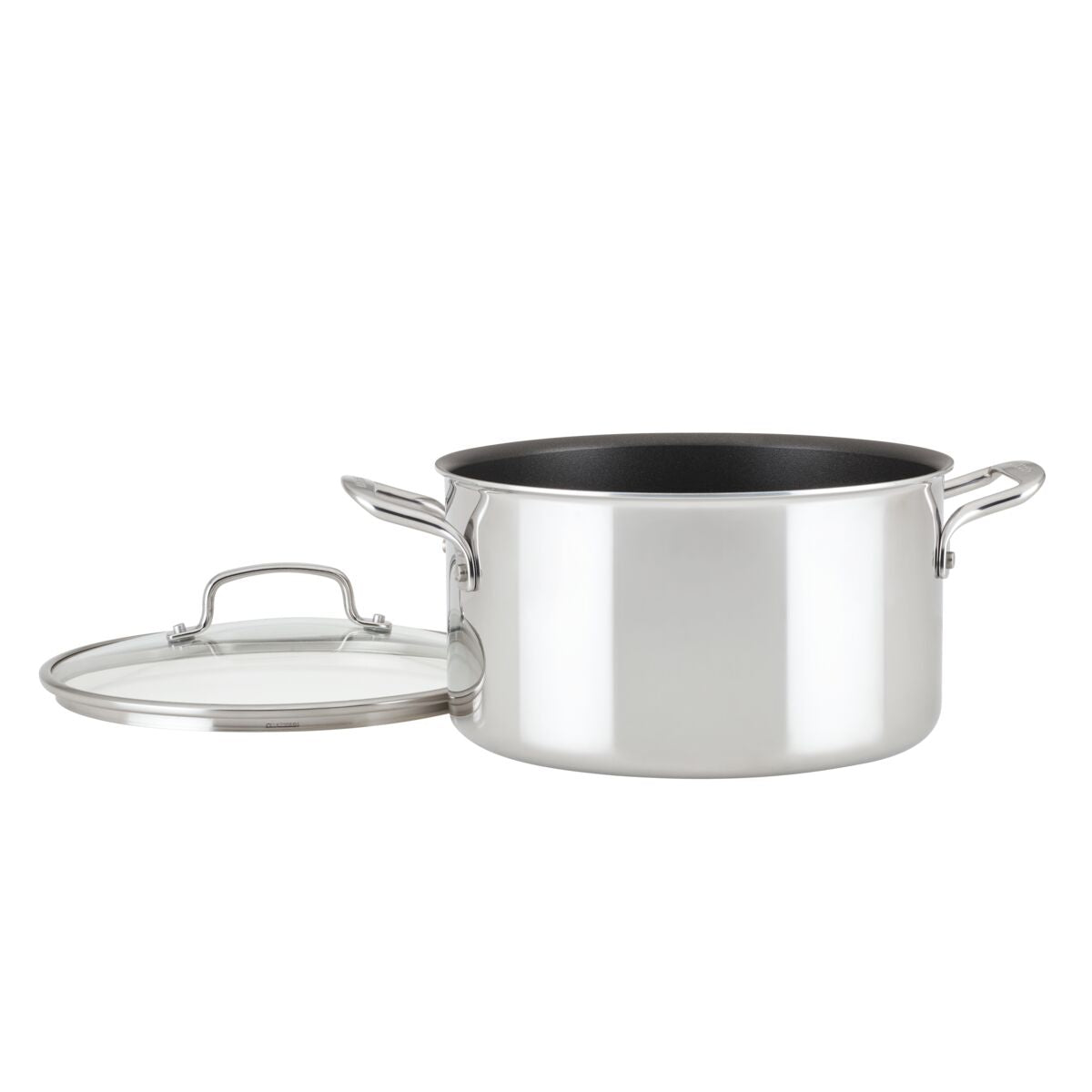 Stainless steel pot with handles and a glass lid, open to the side.