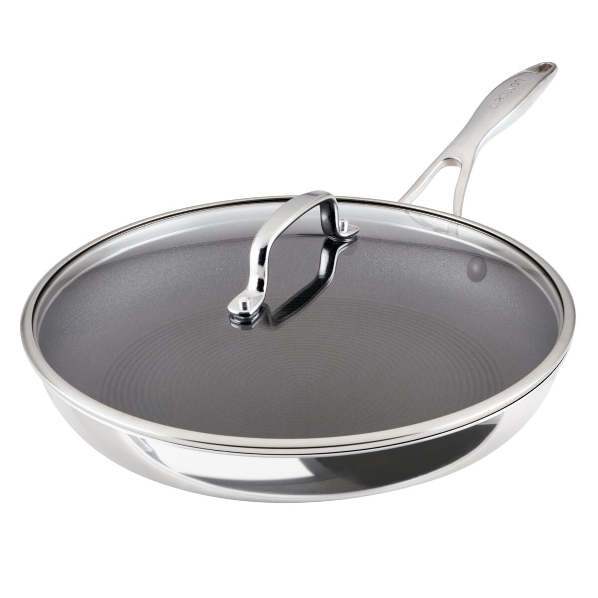 12.5-inch ScratchDefense™ C1 nonstick pan with glass lid and metal handle.