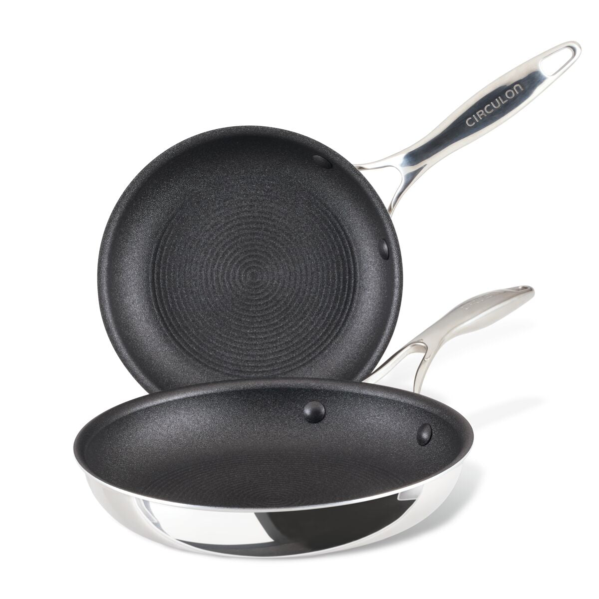 8.5" & 10" ScratchDefense™ C1 nonstick pans with silver handles, stacked.