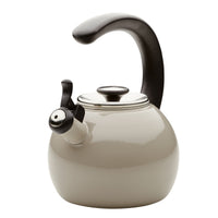 White kettle with a black curved handle and a spout lid.