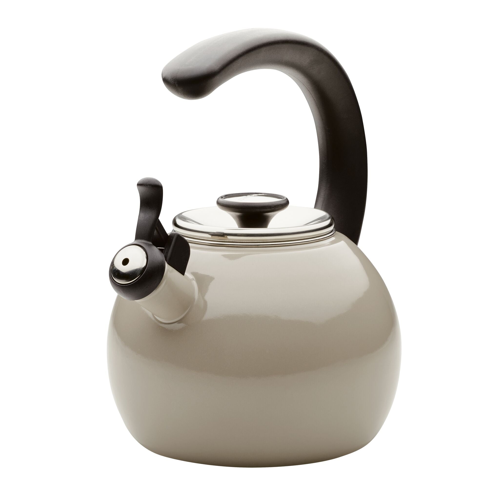 White kettle with a black curved handle and a spout lid.