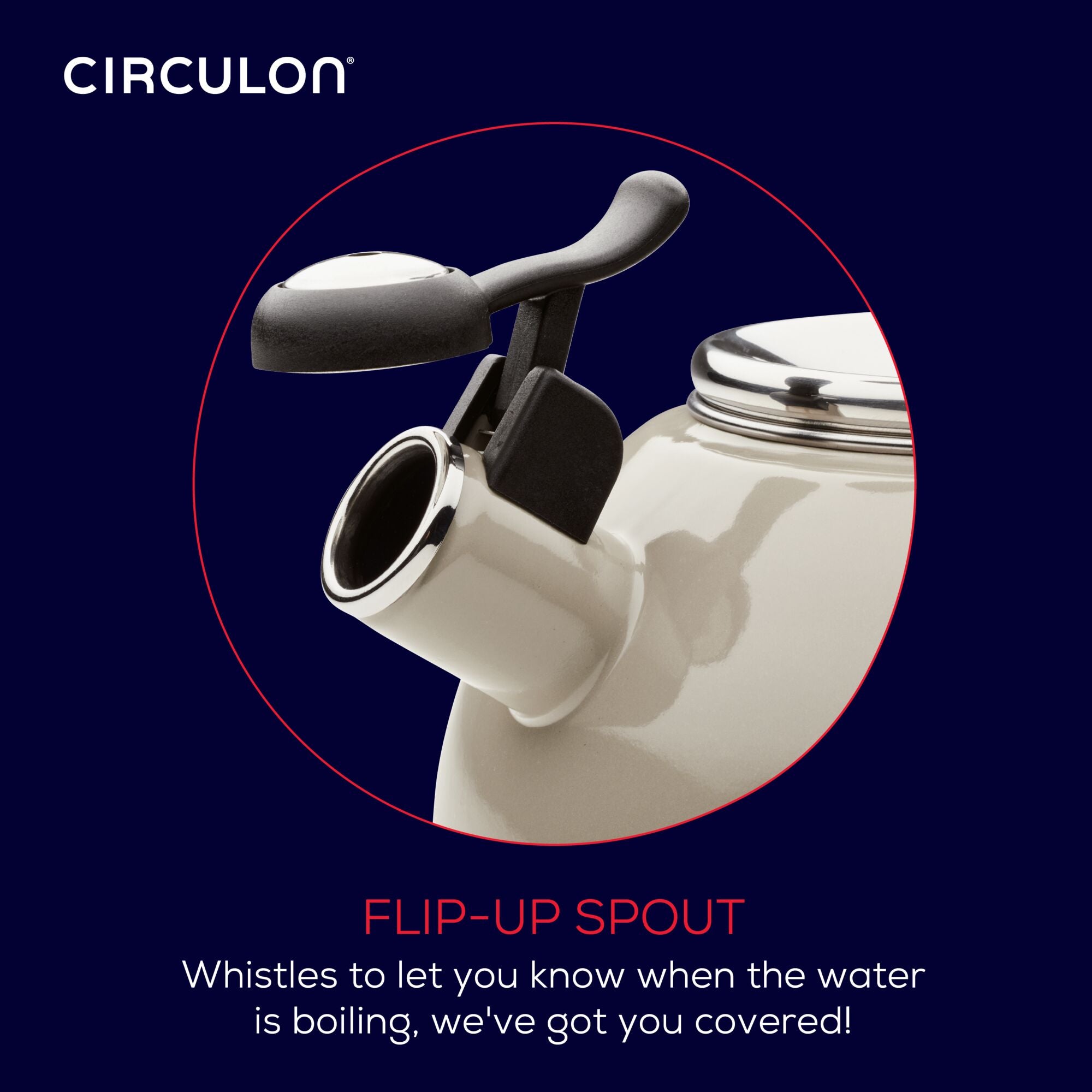 Close-up of a kettle with a flip-up spout against a dark background.