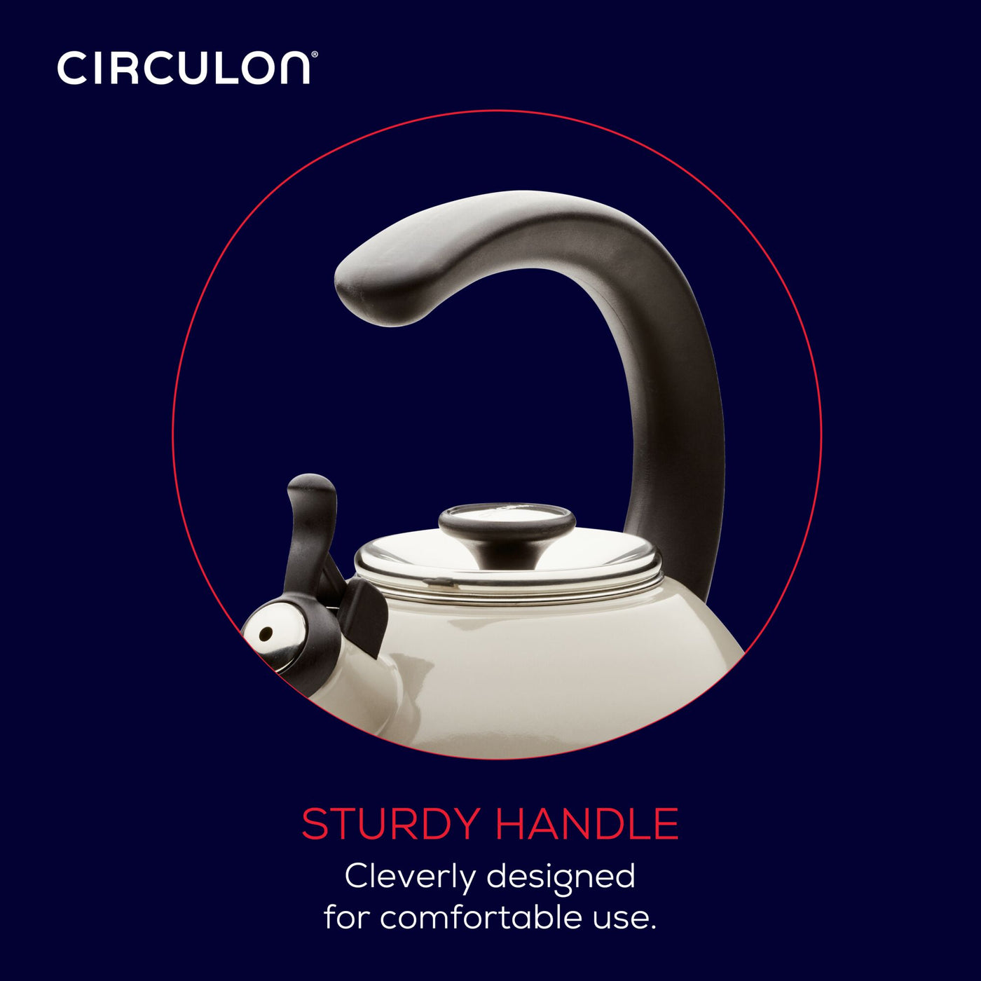 Close-up of a kettle with a sturdy handle design against a dark background.