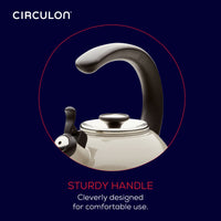 Close-up of a kettle with a sturdy handle design against a dark background.