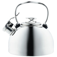 Stainless steel kettle with a handle and spout cap.