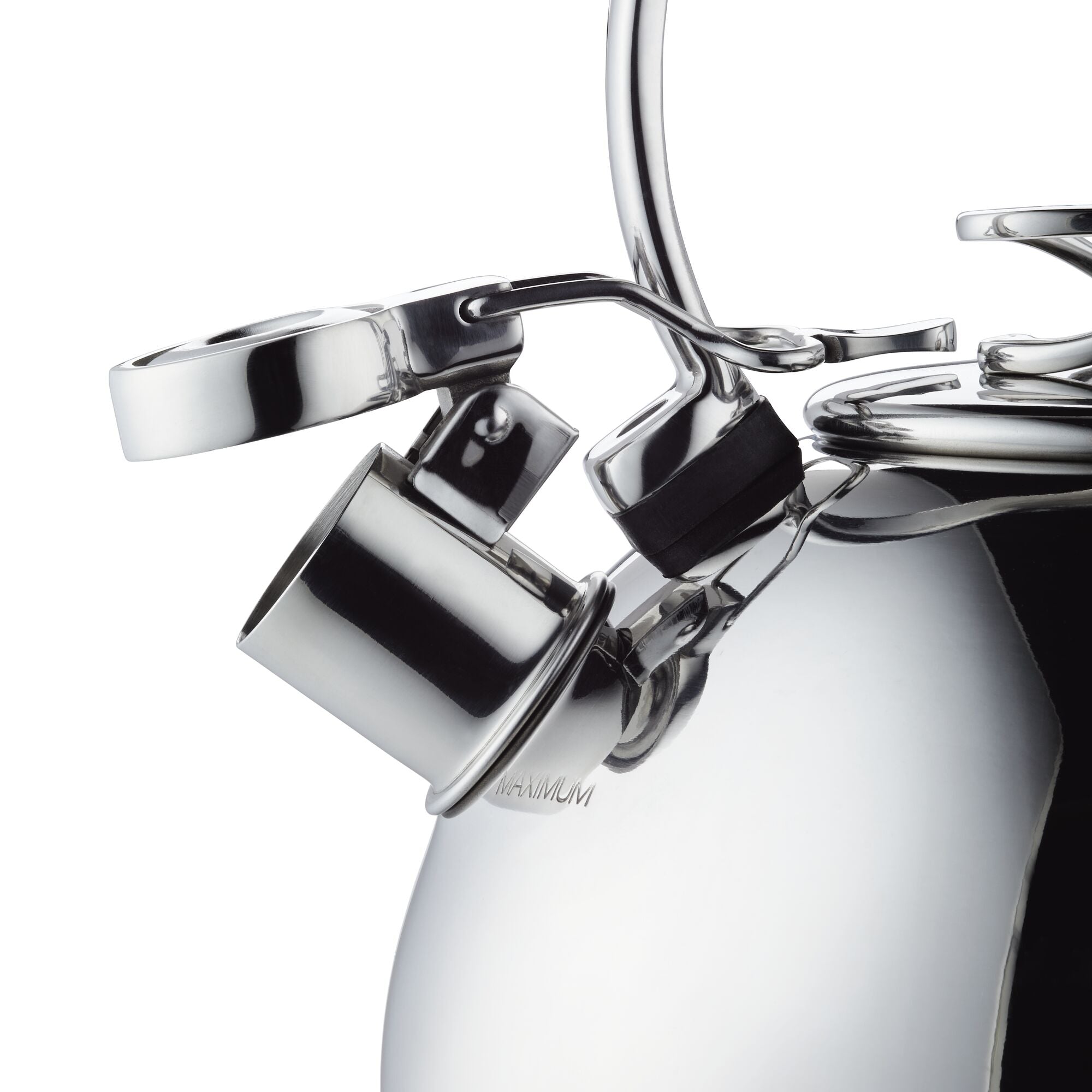 Close-up of a shiny metal kettle with a unique spout design.