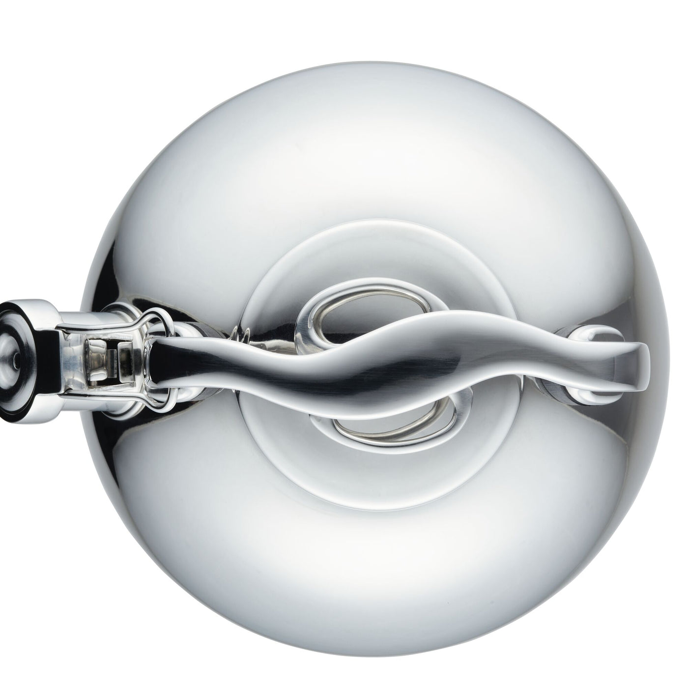 Overhead view of a shiny stainless steel kettle lid and handle.