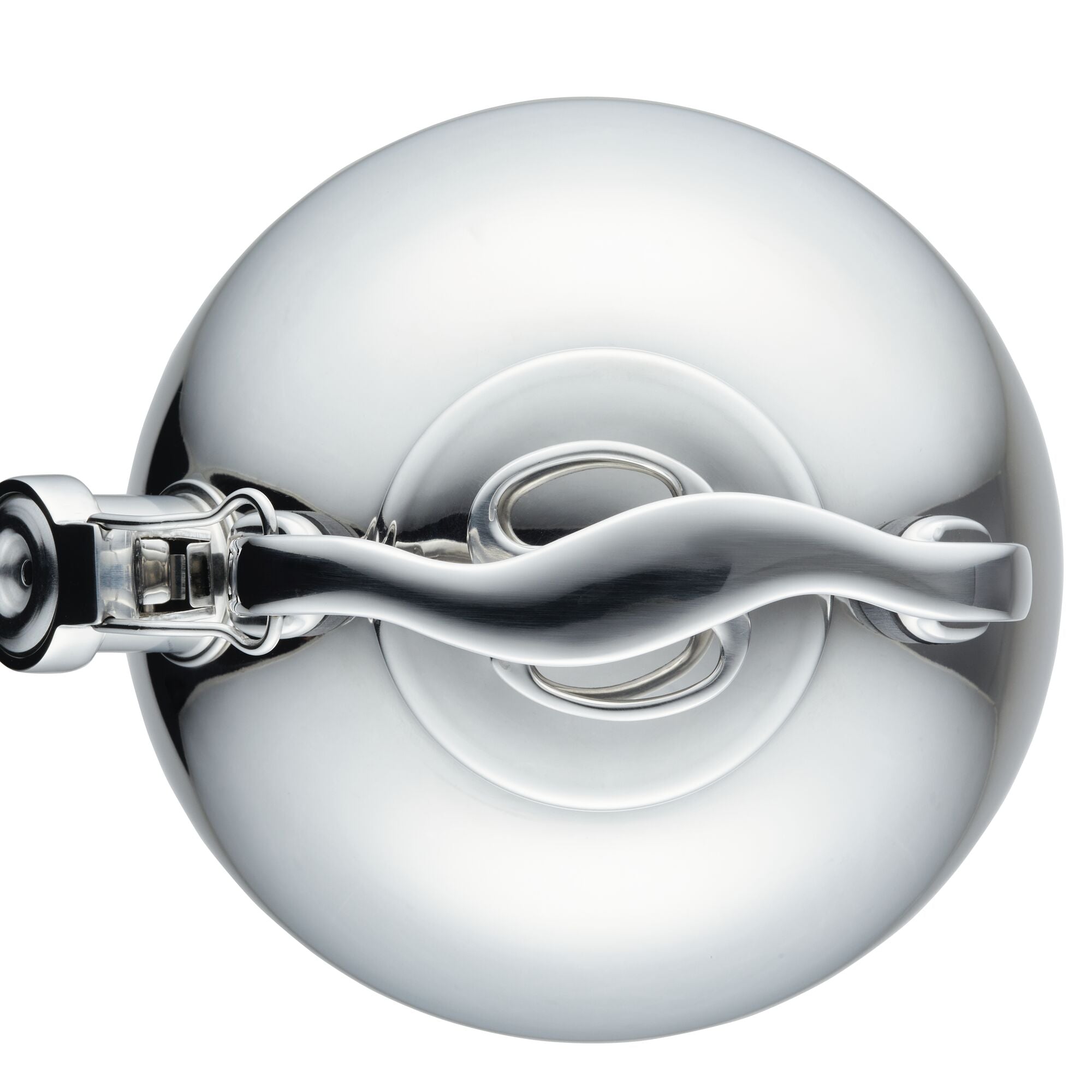 Overhead view of a shiny stainless steel kettle lid and handle.