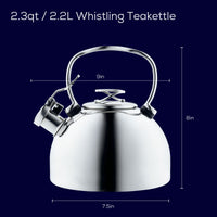 Stainless steel whistling teakettle with measurements shown.