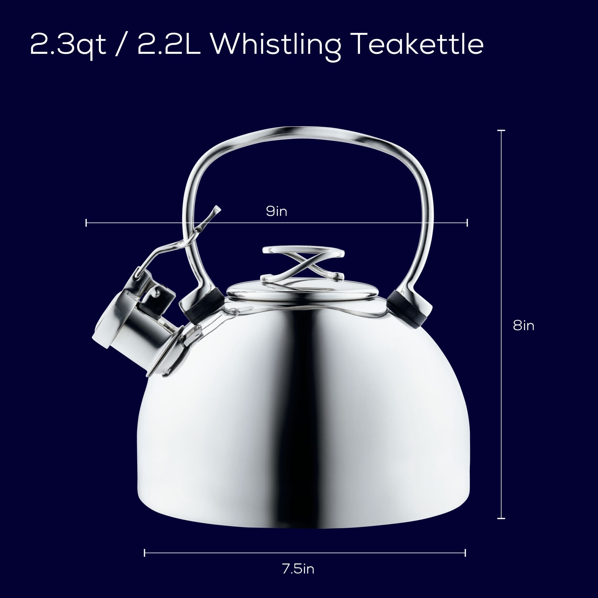 Stainless steel whistling teakettle with measurements shown.