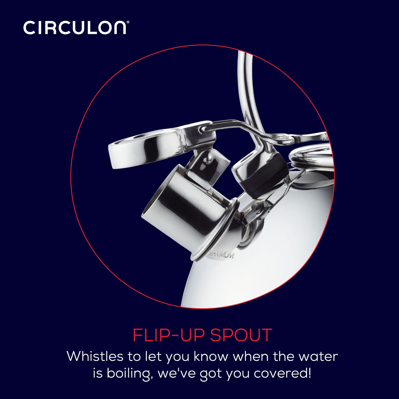 Close-up of a Circulon kettle spout with a flip-up mechanism.