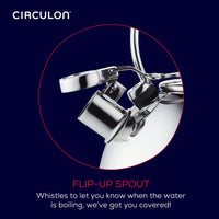Close-up of a Circulon kettle spout with a flip-up mechanism.