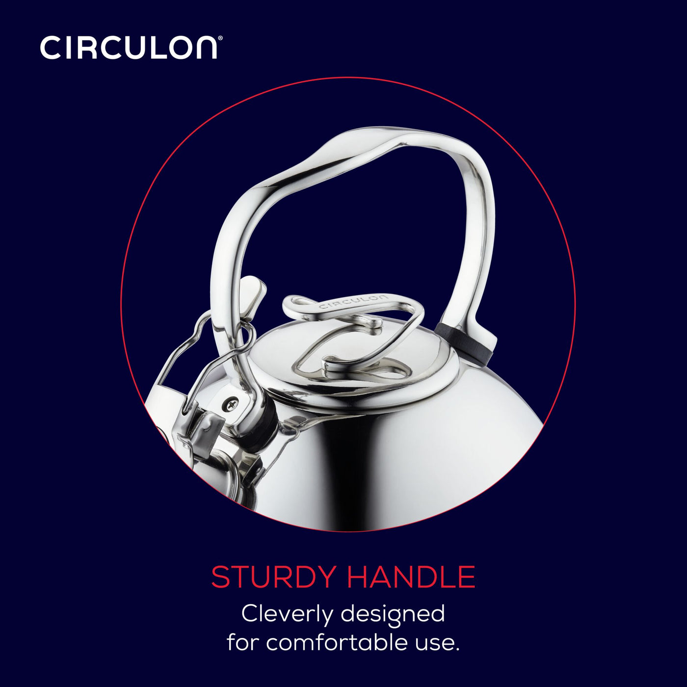 Close-up of a kettle with a sturdy, cleverly designed handle.