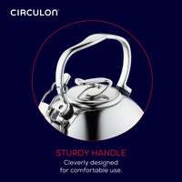 Close-up of a kettle with a sturdy, cleverly designed handle.