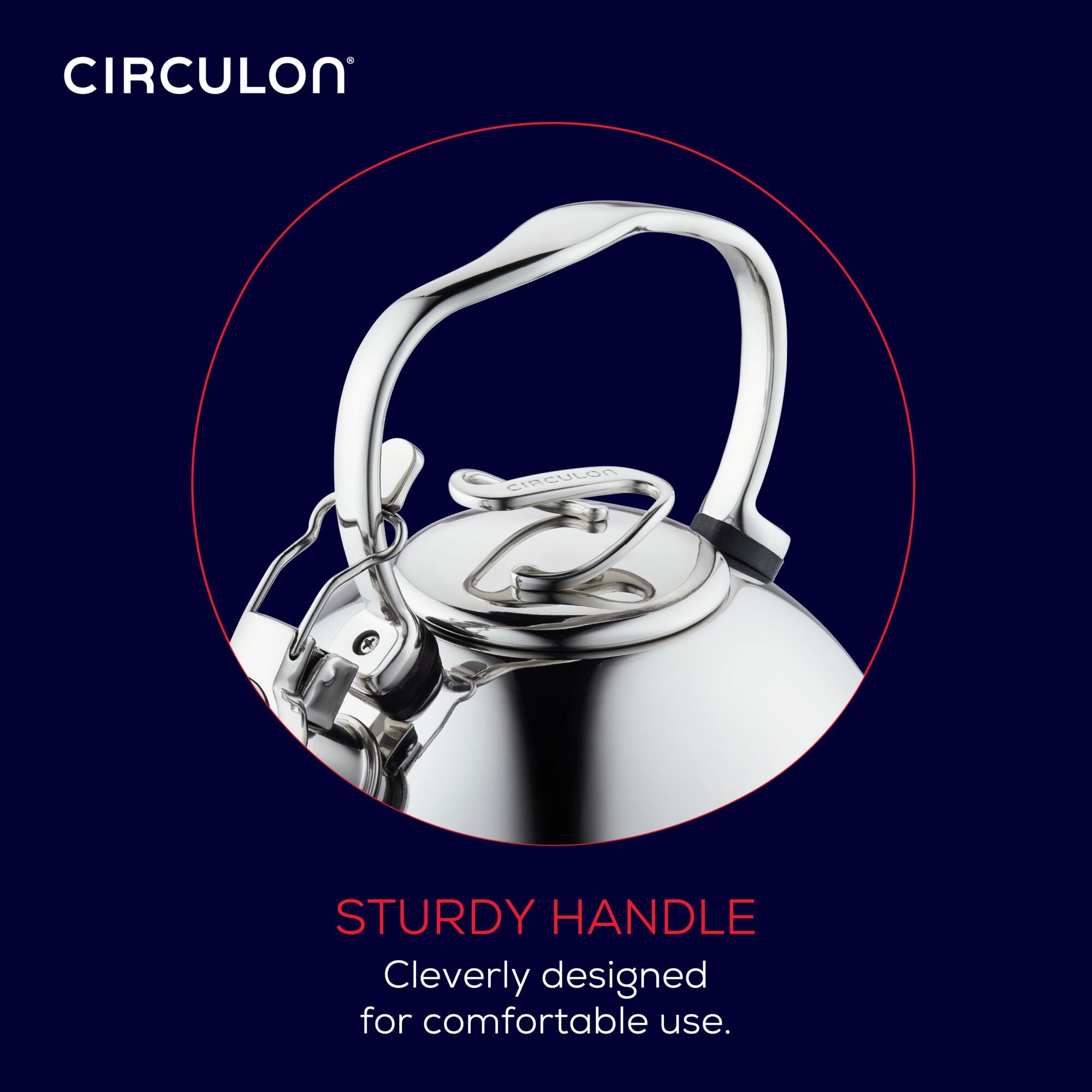 Close-up of a kettle with a sturdy, cleverly designed handle.