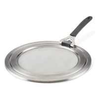 Universal Stainless Steel Splatter Guard: black handle, dishwasher-safe.